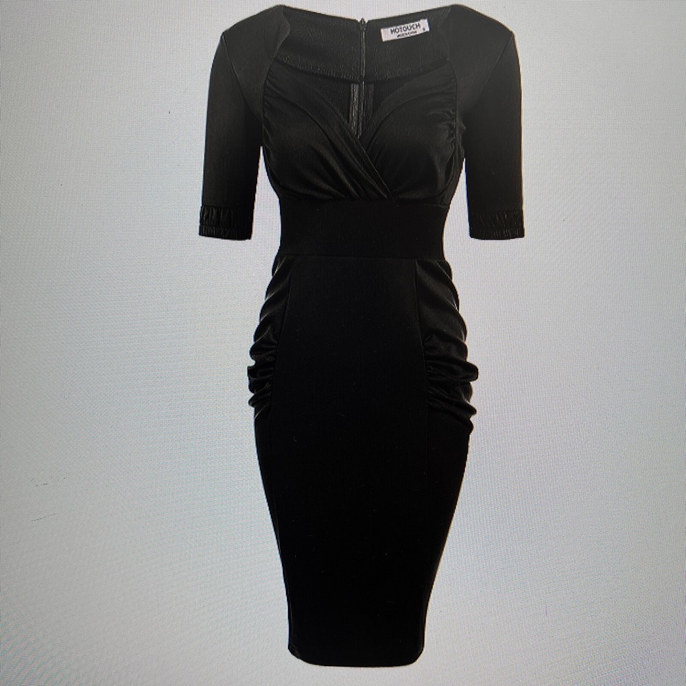 Hotouch Women Vintage 1950s Half Sleeve Pleated Business Pencil Dress Black sz M